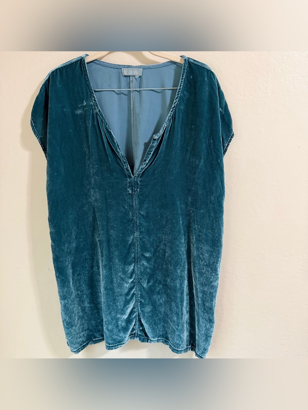 CP Shades Teal Blue Velvet Indie V-Neck Oversized Tunic Top Shirt  silk blend L